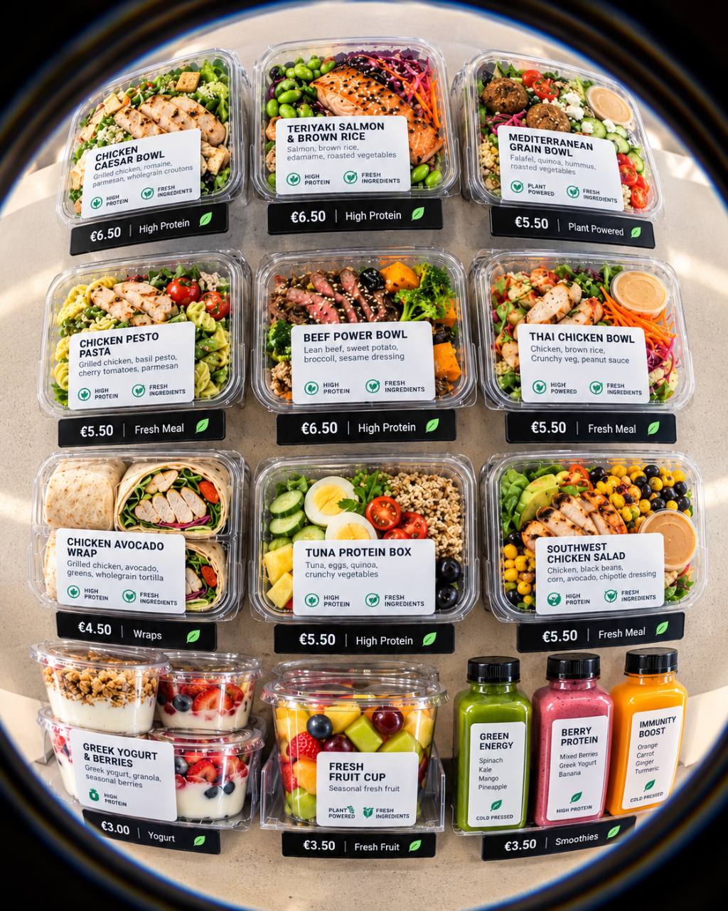 Fisheye view of fresh meals, wraps, fruit, yogurt and smoothies