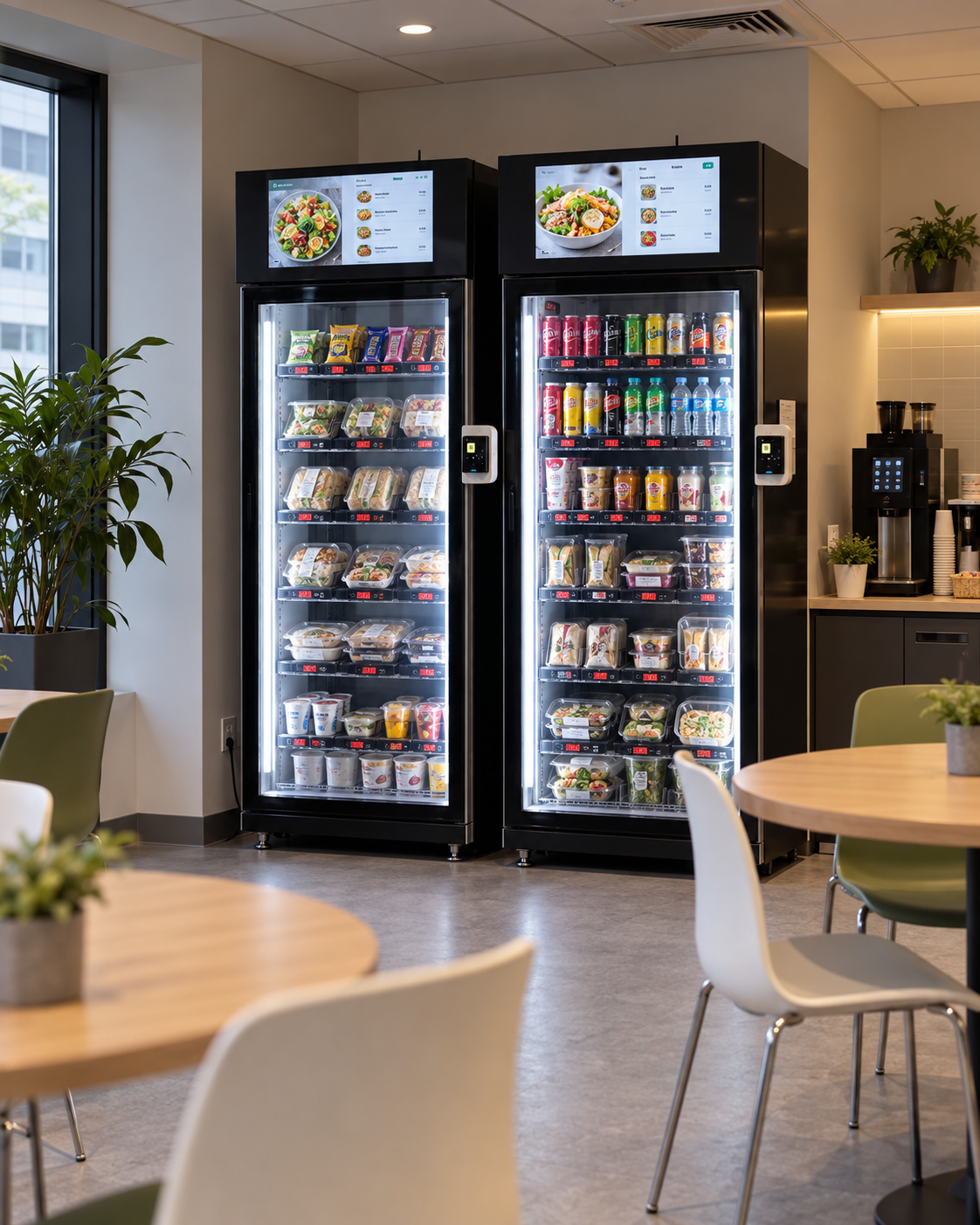 Illustrative pair of smart fridges in a workplace breakroom