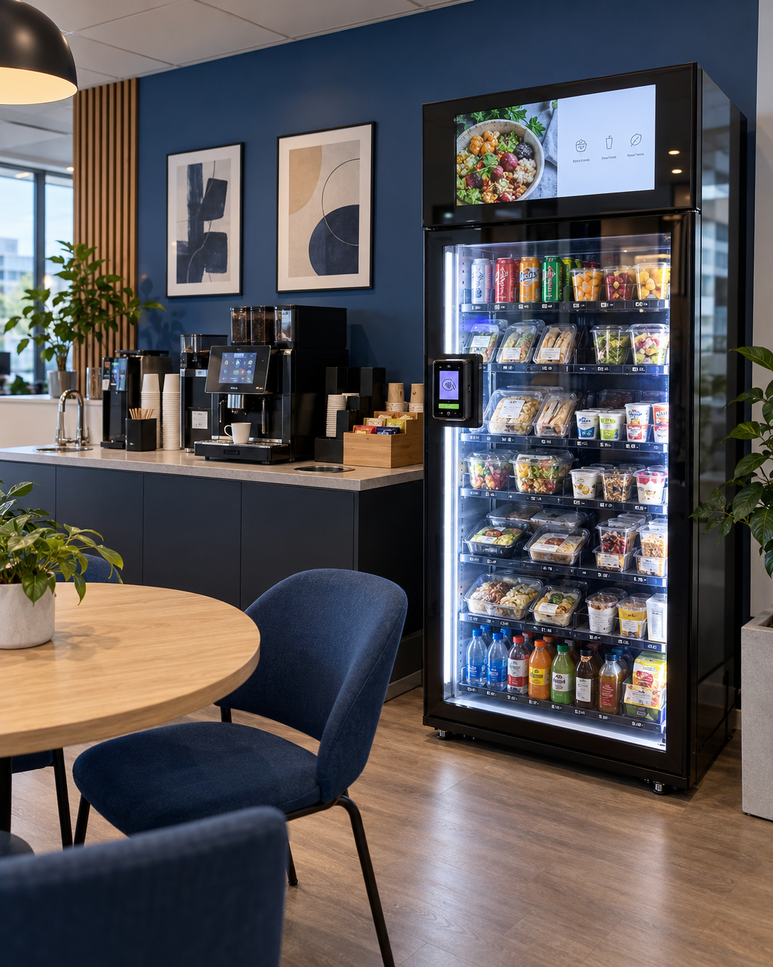 Illustrative smart fridge setup in a modern workplace break area
