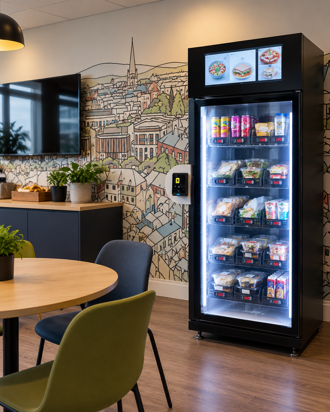 Illustrative smart fridge integrated into a workplace kitchen area
