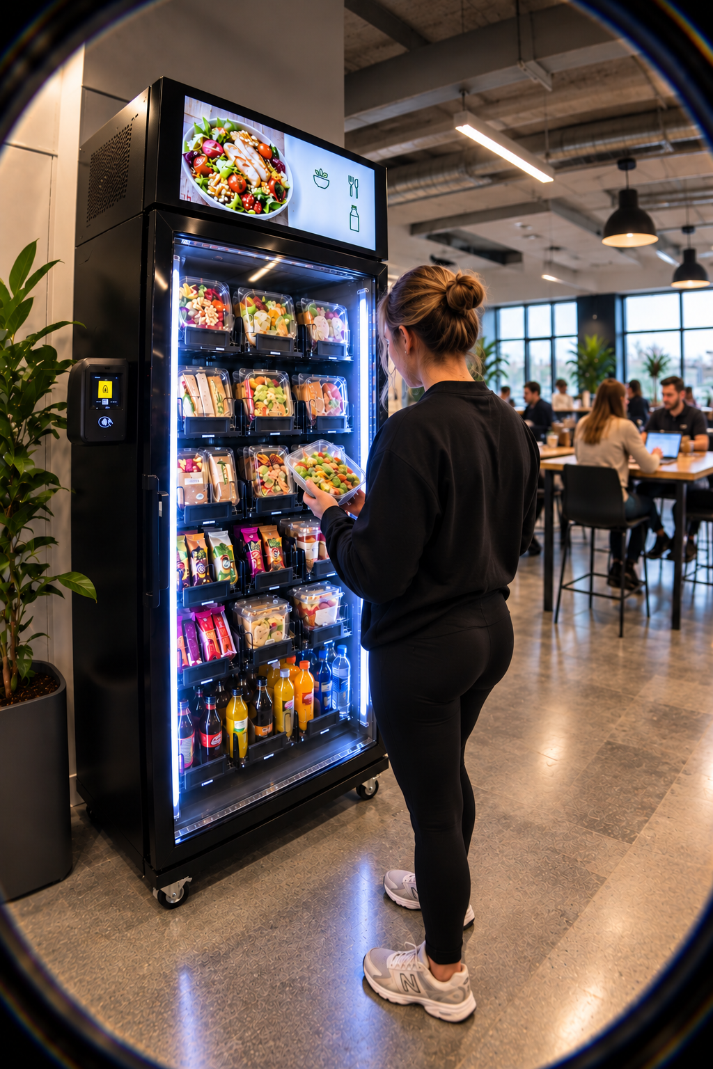 A woman choosing a fresh meal from a smart fridge in a shared office space